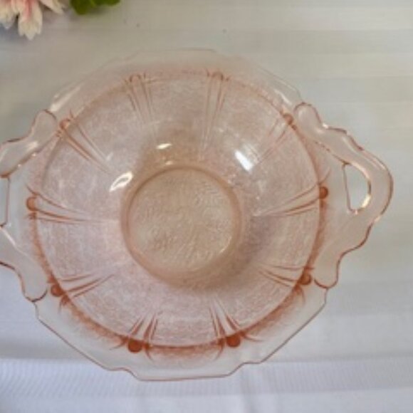 Jeanette Glass Cherry Blossom Pink Depression Bowl Two-Handled Floral Dish - Picture 4 of 6